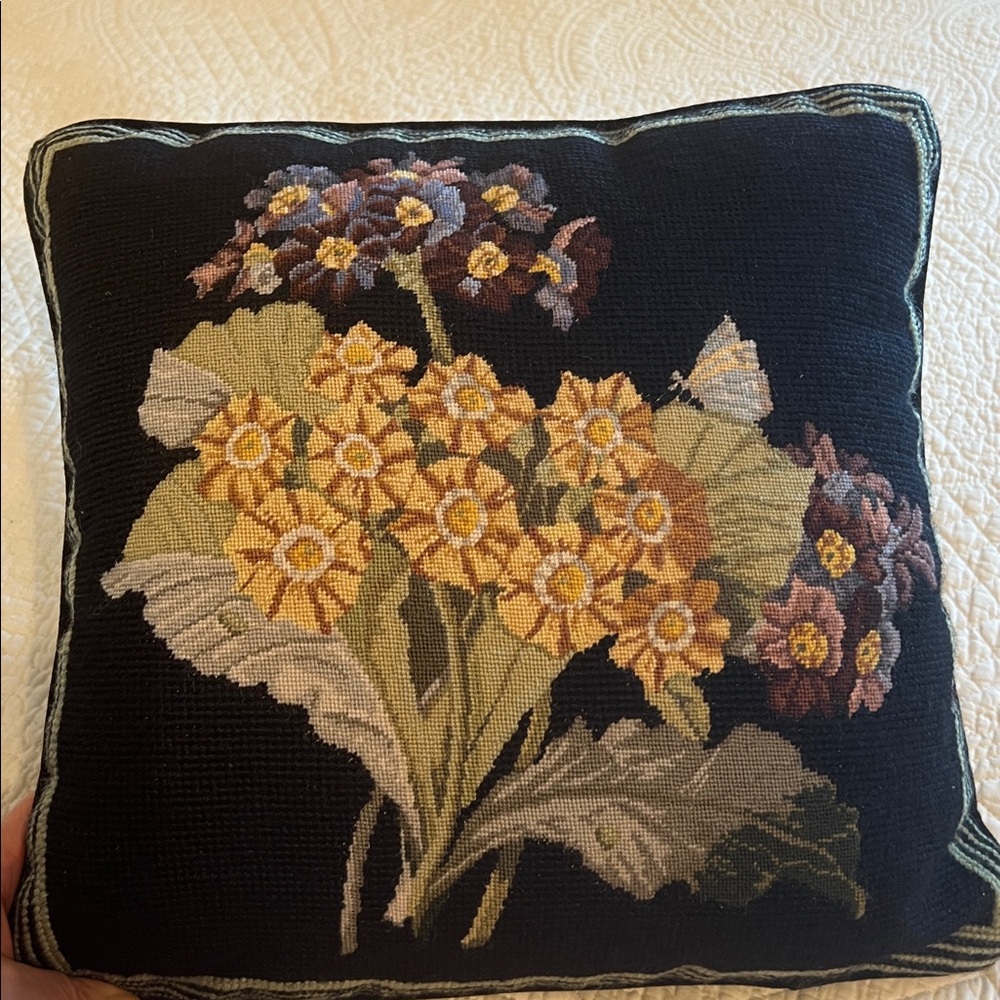 Handmade heirloom, Floral Needlepoint Pillow professionally finished with velvet